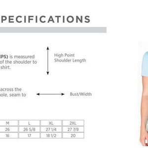 May include: Sizing chart for a t-shirt with measurements in inches for high point shoulder length and bust width. Sizes include S, M, L, XL, 2XL.