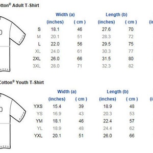 May include: A diagram showing the measurements for Gildan Ultra Cotton adult and youth t-shirts. The diagram shows the width, length, and CB sleeve measurements in inches and centimeters for different sizes.