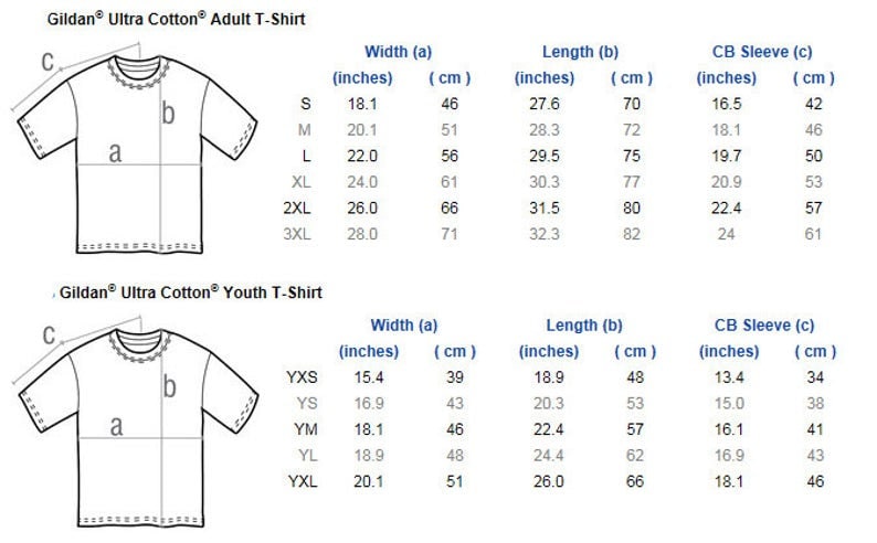 May include: A diagram showing the measurements for Gildan Ultra Cotton adult and youth t-shirts. The diagram shows the width, length, and CB sleeve measurements in inches and centimeters for different sizes.
