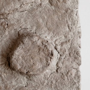 Puede incluir: Primer plano de una superficie rectangular texturizada, gris-marr&oacute;n, con un elemento redondeado en relieve. La superficie tiene un aspecto rugoso e irregular con grietas y variaciones en la textura, lo que sugiere un material natural o hecho a mano.