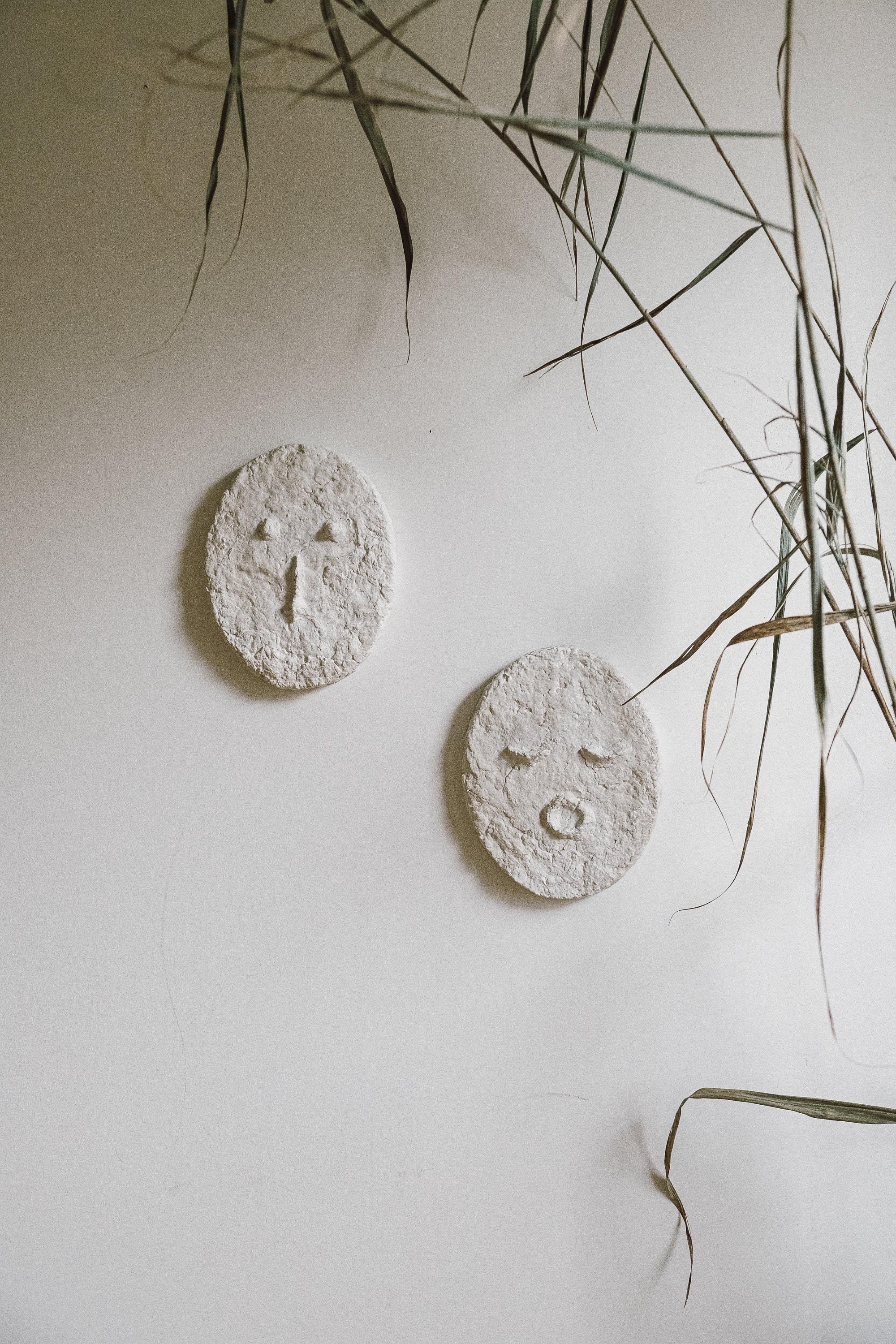Duo of masks · Textured rustic painting, imperfect, wabi sabi, primitive, minimalist, papier mache, natural, handmade, sculpture, boho