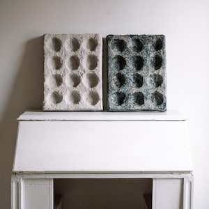 Peut inclure: Deux cartons à œufs rectangulaires, l'un blanc et l'autre gris foncé, sont disposés sur un bureau blanc. Les cartons sont faits d'un matériau texturé et ont 12 dépressions circulaires.