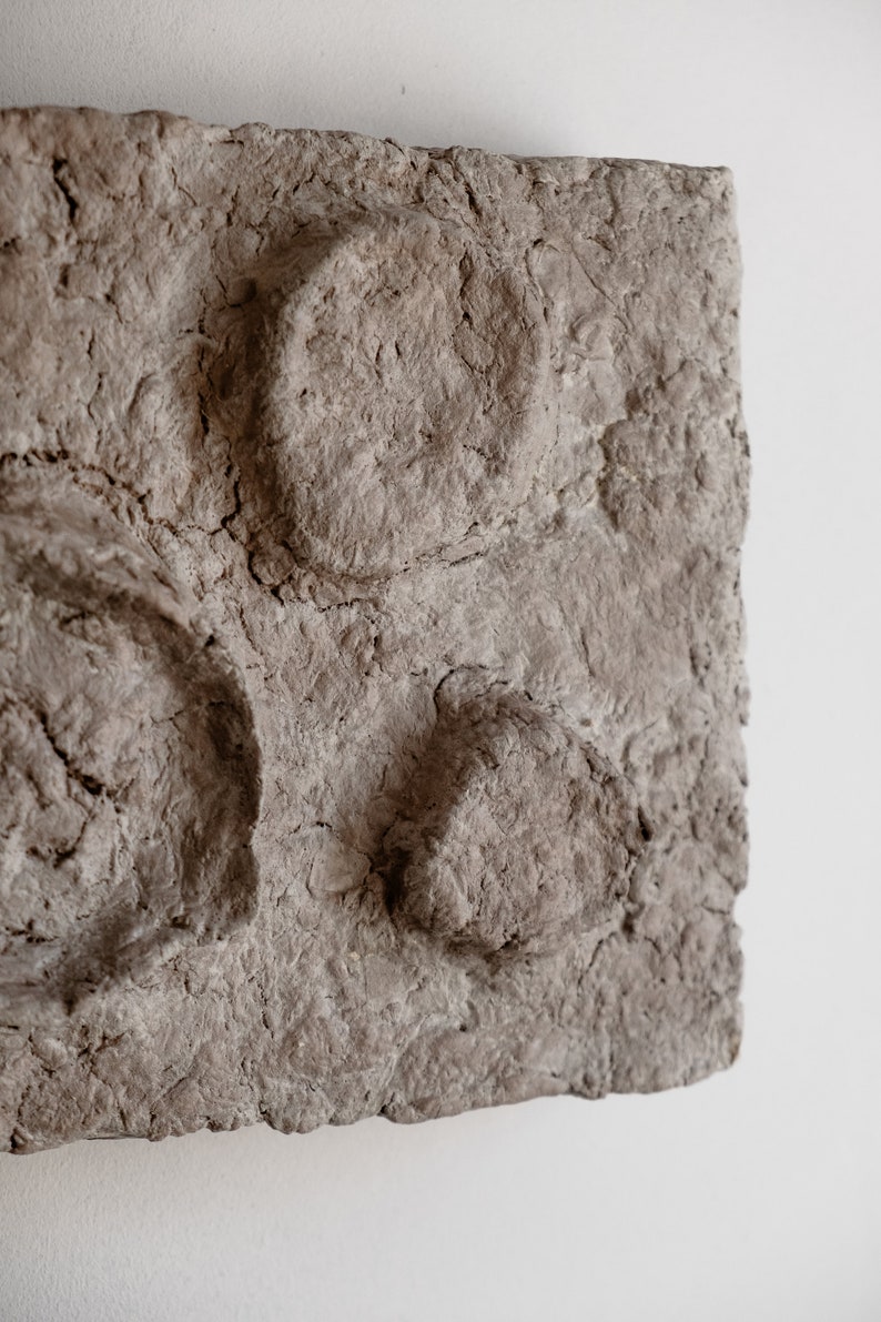 Puede incluir: Una obra de arte rectangular gris y texturizada con formas redondeadas en relieve. La superficie tiene un aspecto rugoso y org&aacute;nico, con grietas e imperfecciones visibles. La pieza est&aacute; montada en una pared blanca.