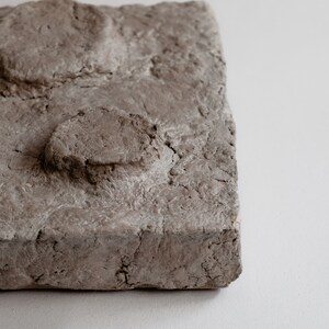 Puede incluir: Un bloque rectangular gris texturizado con una superficie rugosa y protuberancias redondeadas. El bloque tiene un aspecto natural y terroso, con grietas e imperfecciones visibles. El objeto es probablemente una pieza decorativa o un material de construcci&oacute;n.