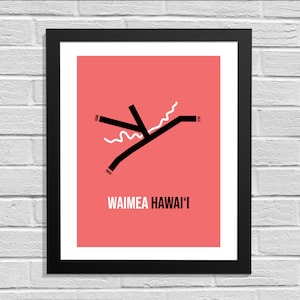 May include: A minimalist poster with a pink background and a black and white map of Waimea, Hawaii. The text "Waimea Hawai'i" is printed in black at the bottom of the poster.
