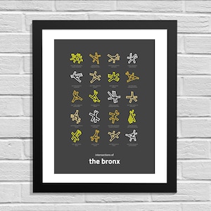 May include: A black and white poster with a gray background featuring a graphic illustration of 25 different street intersections in the Bronx, New York City. The intersections are outlined in yellow and white.