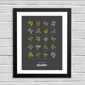 May include: A black and white framed print with a dark grey background. The print features a grid of 24 yellow and white line drawings of different road intersections. The text "intersections of boulder" is centred at the bottom of the print.