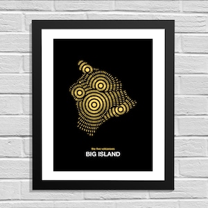 May include: A black and gold minimalist poster with a stylized map of the Big Island of Hawaii. The map is made up of five concentric circles representing the five volcanoes on the island. The text "the five volcanoes BIG ISLAND" is printed in white at the bottom of the poster.