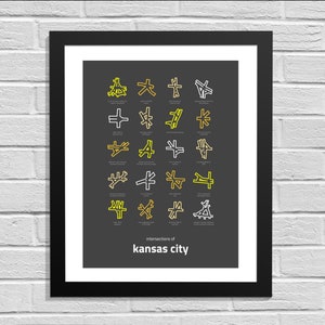 May include: A black and white poster with a gray background featuring a graphic illustration of 36 different street intersections in Kansas City. The intersections are outlined in white and yellow.