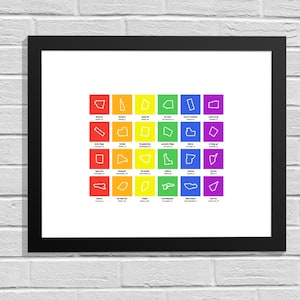 Könnte beinhalten: Ein gerahmter Druck mit einem Regenbogen-Farbschema, das die Umrisse von 36 verschiedenen US-Bundesstaaten zeigt. Jeder Bundesstaat ist in Weiß umrandet und in ein Quadrat einer anderen Farbe platziert. Die Farben sind in einem Regenbogenmuster angeordnet, beginnend mit Rot in der oberen linken Ecke und endend mit Lila in der unteren rechten Ecke.