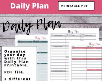 Op de afbeelding: Printbare dagelijkse planner in drie verschillende kleuren: blauw, roze en grijs. De planner bevat secties voor ochtendprioriteiten, prioriteiten van vandaag, avondprioriteiten en prioriteiten van morgen. Hij bevat ook ruimte voor notities en een sectie voor doelen.