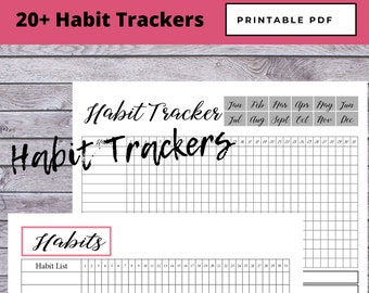 May include: Printable habit tracker with a monthly calendar and a habit list. The calendar has a grid for each day of the month and the habit list has a grid for each day of the month. The text "Habit Tracker" is written in black cursive at the top of the page.