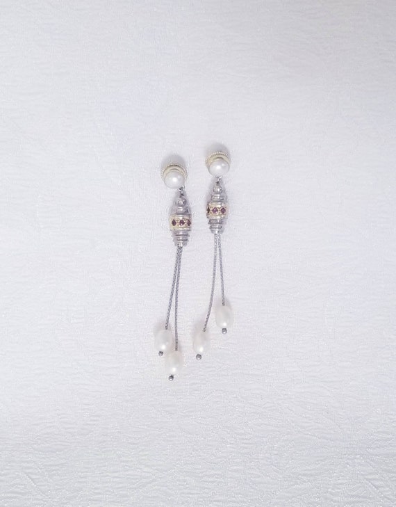 Handmade Silver and Gold Long Dangle Earrings, El… - image 2