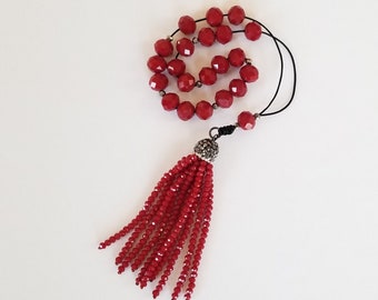 Women's Ruby Red Worry Beads, Lady's Elegant Greek Komboloi, Red Prayer Beads, Silver Glass Beads, Beaded Pave Tassel, Easter Mother's Gift