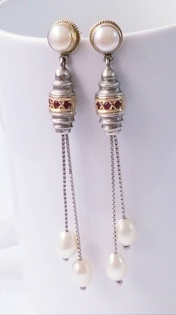 Handmade Silver and Gold Long Dangle Earrings, El… - image 4