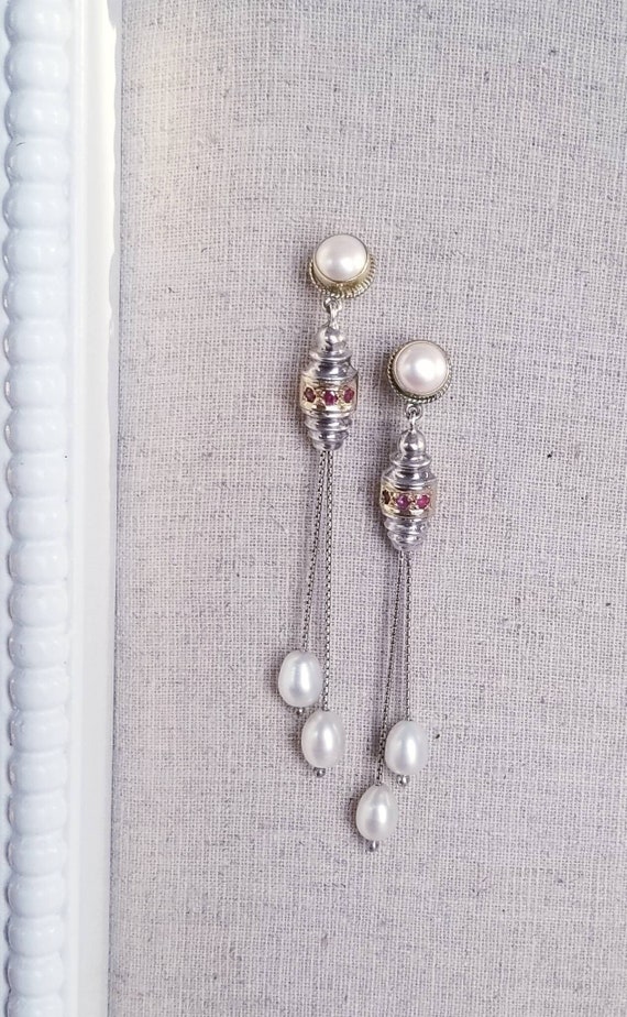 Handmade Silver and Gold Long Dangle Earrings, El… - image 3