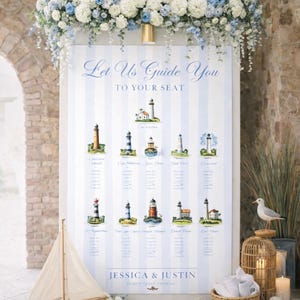 May include: A wedding seating plan with a nautical theme. The sign displays lighthouse illustrations and the text "Let Us Guide You To Your Seat". It's decorated with blue and white flowers, a model sailboat, and a seagull figurine.