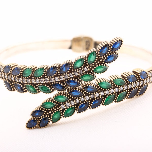 Stilvolle! Türkischen handgemachten Schmuck Smaragd Saphir Topas 925 Sterling Silber Armreif
