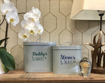 Personalised Food / Treat / Biscuit  Storage Tin Gift Grey White Black Cream Gift