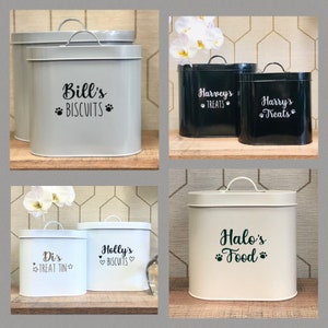 Personalised Pet Food or Treat Storage Tin Grey White Black Cream Gift