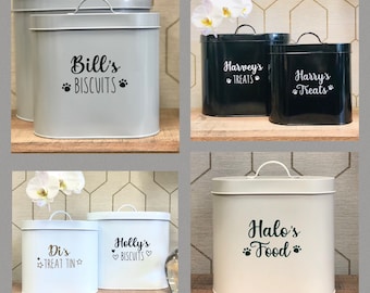 Personalised Pet Food or Treat Storage Tin Grey White Black Cream Gift