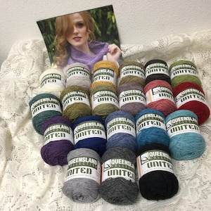 May include: A collection of colorful yarn skeins, including shades of green, blue, purple, and red, arranged on a white lace surface. Each skein has a label that reads "QUEENSLAND UNITED". A photo of a woman is in the background.