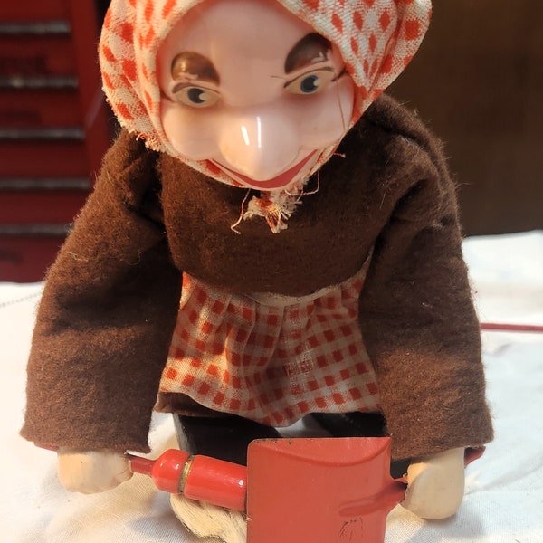 Vintage old washer woman mechanical doll sweeping floor - 6" tall - 1960's - RARE!