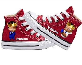 Black Boss Baby Red High Top Converse, Black Male Boss Baby Converse, Boss Baby All Star Chucks, Personalized Name