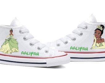 Princess Tiana White High Top Converse All Start Chucks, Princess and the Frog, Personalized Name