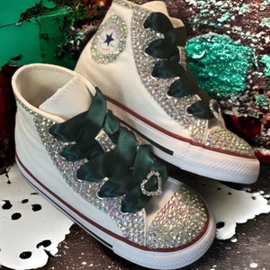 Emerald Bling Converse High Tops, Party Shoes, Infant Toddler, Flower Girls, Wedding, 10 Ribbon Colors, Personalization Optional