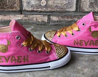 Minnie Mouse Converse High Top Converse All Star Chucks, Pink and Gold Rhinestone Converse, Personalized Infant, Toddler, Youth