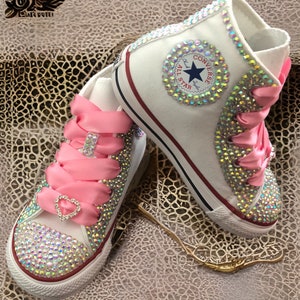 Bling Converse High Tops, Party Shoes, Infant Toddler Kids, Flower Girls, Wedding Shoes, 10 Ribbon Colors, Personalization Optional