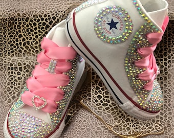 Bling Converse High Tops, zapatos de fiesta, niños pequeños, niñas de las flores, zapatos de boda, 10 colores de cinta, personalización opcional