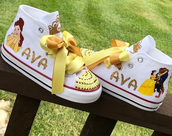 Belle Converse Sneakers, Custom Converse Beauty and the Beast Shoes, Rhinestone Converse High Top Sneakers, Personalized Name, Custom Chucks