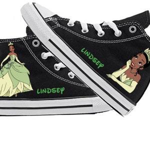 Princess Tiana Black High Top Converse All Star Chucks, Princess and the Frog, Nombre personalizado