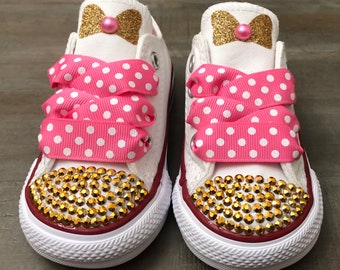 Minnie Mouse Converse Sneakers, Pink and White Polka Dot Ribbon, Pink and Gold Minnie Mouse Sneakers, Personalized Name, Custom Chucks