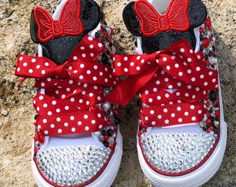 CLEARANCE SALE - Ready to Ship! Rhinestone Minnie Mouse Low Top Converse All Star Chucks, Blinged Minnie Mouse Sneakers, Size 9C (Toddler)