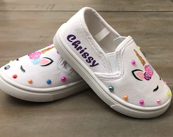 Unicorn Sneakers, Unicorn White Slip On Sneakers, Personalized Name