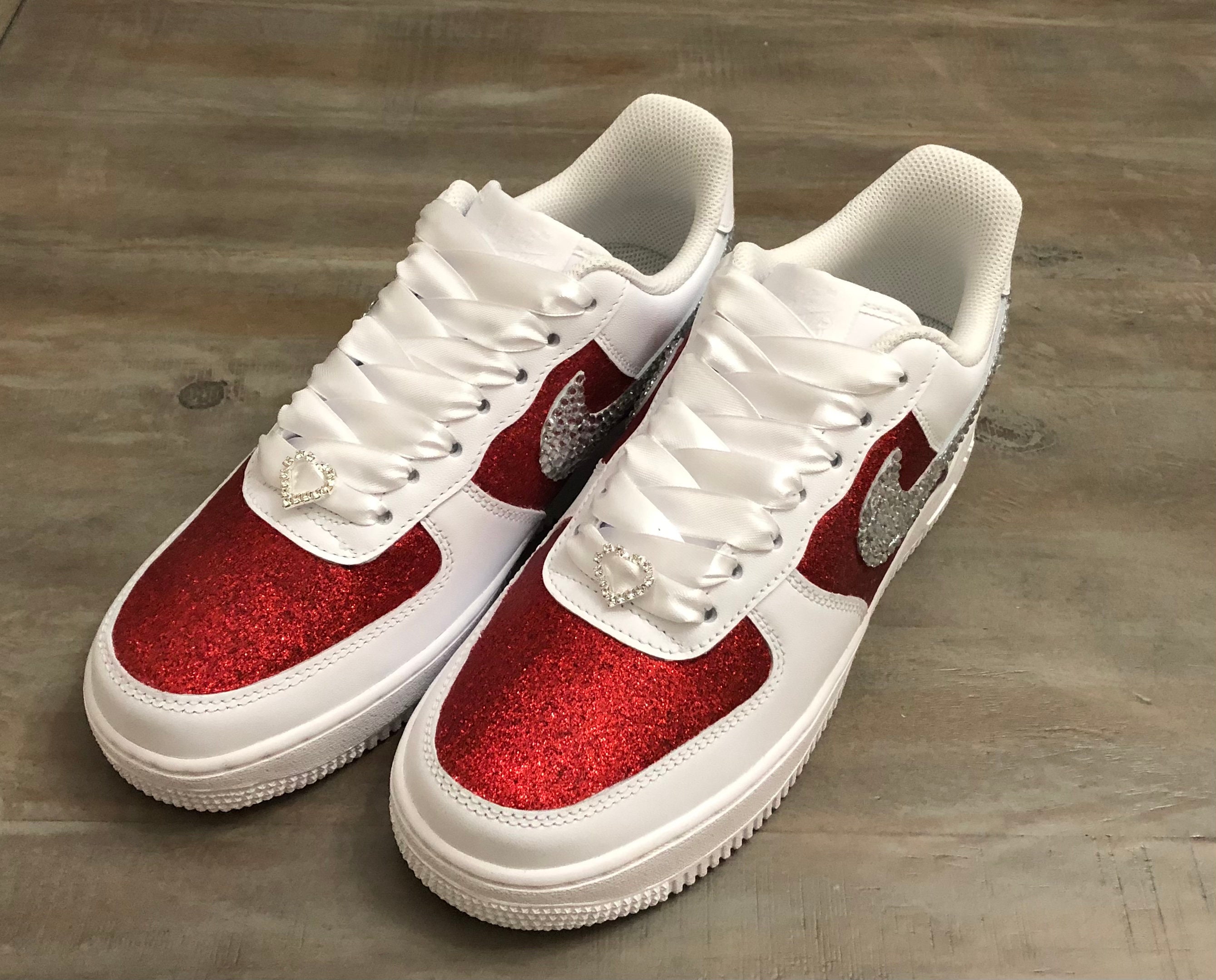 Red Custom Blinged Air Force 1 Sneakers, Glitter and Rhinestone Wedding ...
