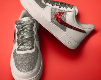 Silver Glitter Red Rhinestones Custom Blinged Air Force 1
