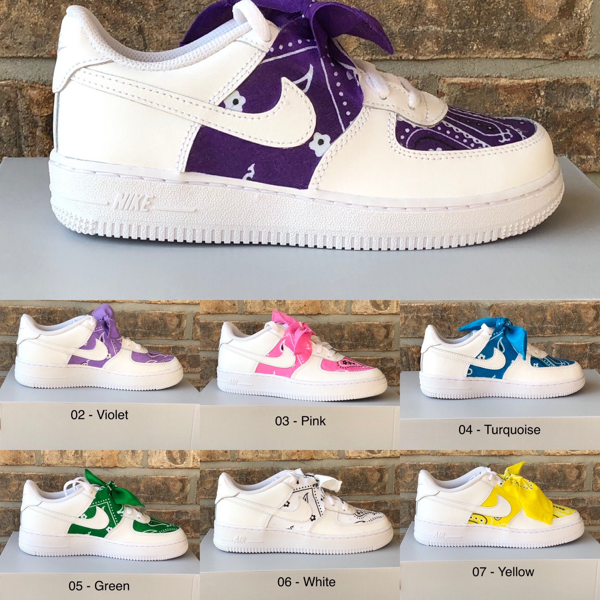 Customized Air Force 1 Sneakers Purple Bandana Adult and 