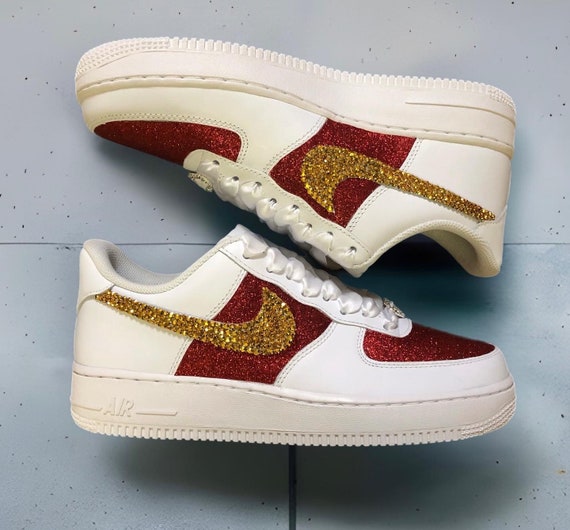 Red and Gold Custom Blinged Air Force 1 Sneakers, Glitter  display picture 2