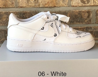 Customized Air Force 1 Sneakers, White Bandana, Adult and Youth Sizes Available, Various Color Options