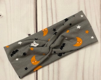 HALLOWEEN Headband, Woman Headband, Twist Headband, Yoga Headband, Grey Confetti Bats Headband, Nurse Headband, Next Day Shipping