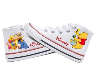 Winnie the Pooh Inspired High Top Converse Sneakers, Winnie Converse, Winnie All Star Chucks, Personalized Name, 4 Color Options