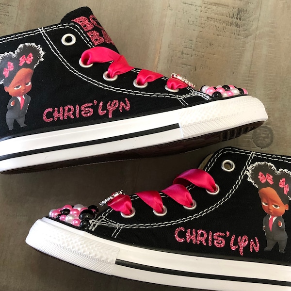 Boss Baby Black Converse Sneakers, Boss Baby Afro Girl Converse All Stars, Personalized Name, Custom Chucks