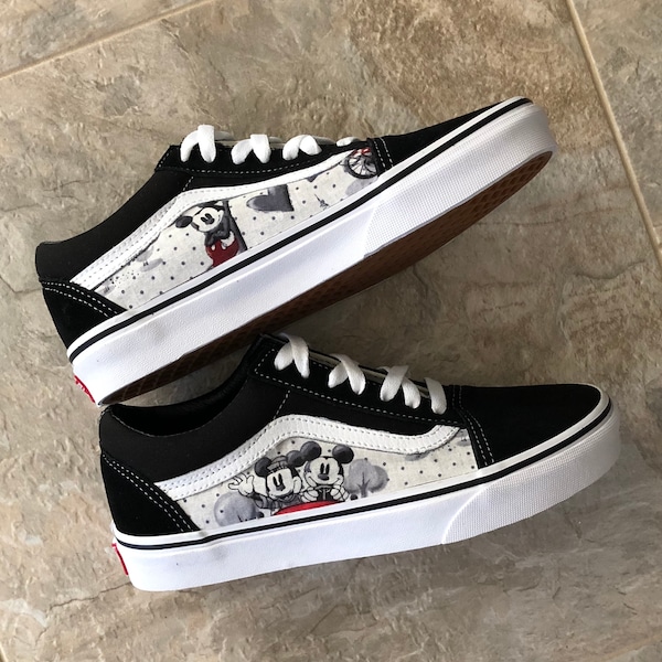 Custom Mickey and Minnie Vintage Romance Vans Old Skool Sneakers, Mickey and Minnie Vans Sneakers, Custom Disney Sneakers