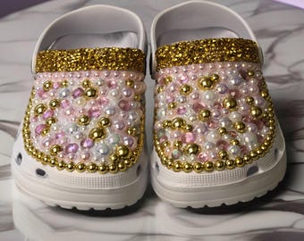 Blinged Crocs, Pink White and Gold Blinged Crocs, Toddler, Little Kids, Big Kids, 10 Color Options