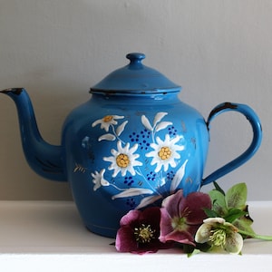 Vintage francés azul esmalte tetera con Daisies