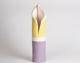 Jarrón de cerámica hecho a mano, con borde superior tallado, en amarillo y morado bajo vidriado, jarrón con borde superior tallado n.° 5